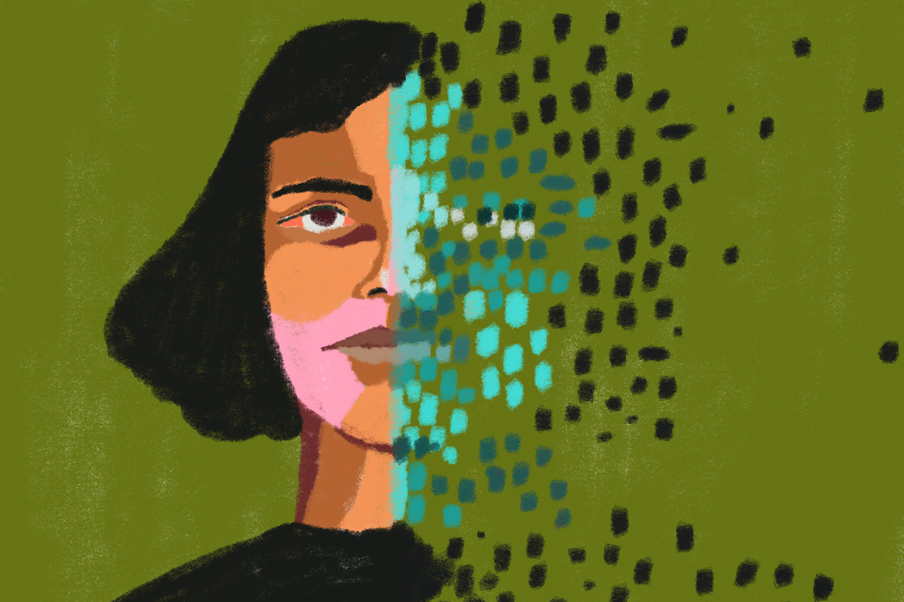 Ilustra&ccedil;&atilde;o abstrata em que o rosto de uma aluna se transforma em dados de computador.