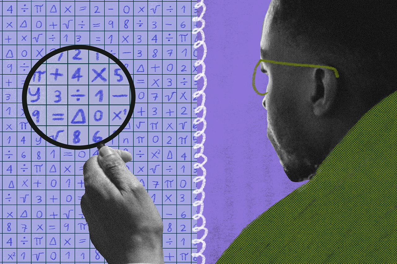 Ilustra&ccedil;&atilde;o feita a partir de colagens de aluno com lupa na m&atilde;o olhando em tabela com n&uacute;meros e sinais matem&aacute;ticos.