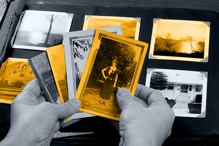 Fotomontagem de crian&ccedil;a segurando v&aacute;rias fotografias antigas de parentes.