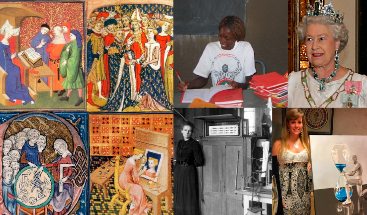 Mosaico de imagens relacionadas &agrave; participa&ccedil;&atilde;o das mulheres na idade m&eacute;dia e na monarquia.