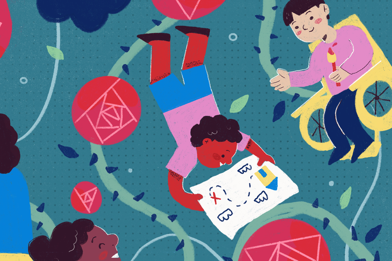 Ilustra&ccedil;&atilde;o colorida de duas crian&ccedil;as crian&ccedil;as brincando com um mapa da escola.