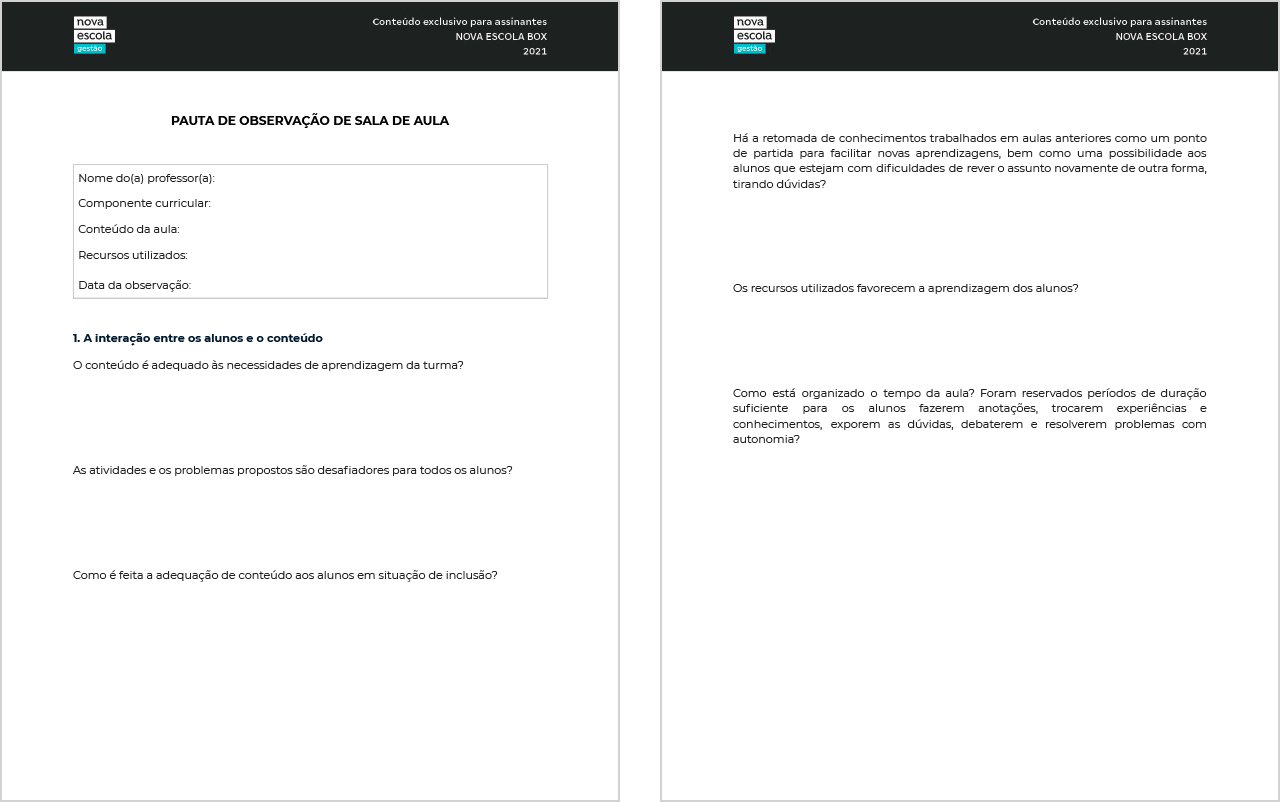 P&aacute;ginas 1 e 2 da pauta de observa&ccedil;&atilde;o de sala de aula.