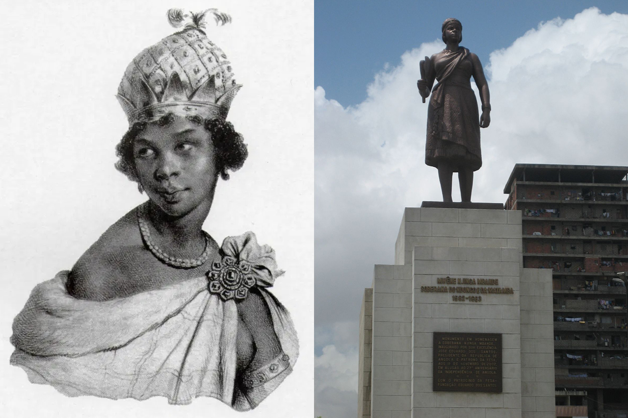 &Agrave; esquerda: Anna de Sousa (para a obra Zhinga, reine d'Angola), Jean-Louis Castilhon, 1796. Reprodu&ccedil;&atilde;o: Wikimedia Commons. &Agrave; direita: Est&aacute;tua da rainha Njinga em Luanda, erguida em 2002. Fotografia: Erik Cleves Kristensen/Wikimedia Commons