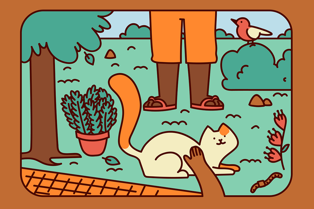 Ilustra&ccedil;&atilde;o de crian&ccedil;a fazendo carinho em um gato em um jardim. Na cena &eacute; poss&iacute;vel ver plantas, flores, e um passarinho.