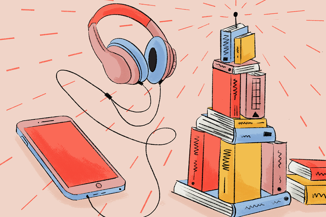 Ilustra&ccedil;&atilde;o de fones de ouvido e livros empilhados com torre de r&aacute;dio posicionada de forma abstrata sobre eles.