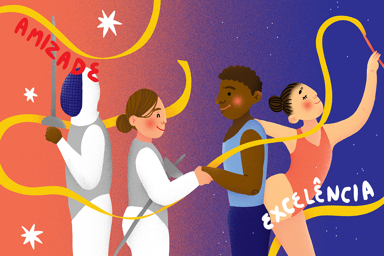Ilustra&ccedil;&atilde;o abstrata de atletas ol&iacute;mpicos dos esportes esgrima e gin&aacute;stica art&iacute;stica, com as palavras amizade e excel&ecirc;ncia escritas ao fundo.