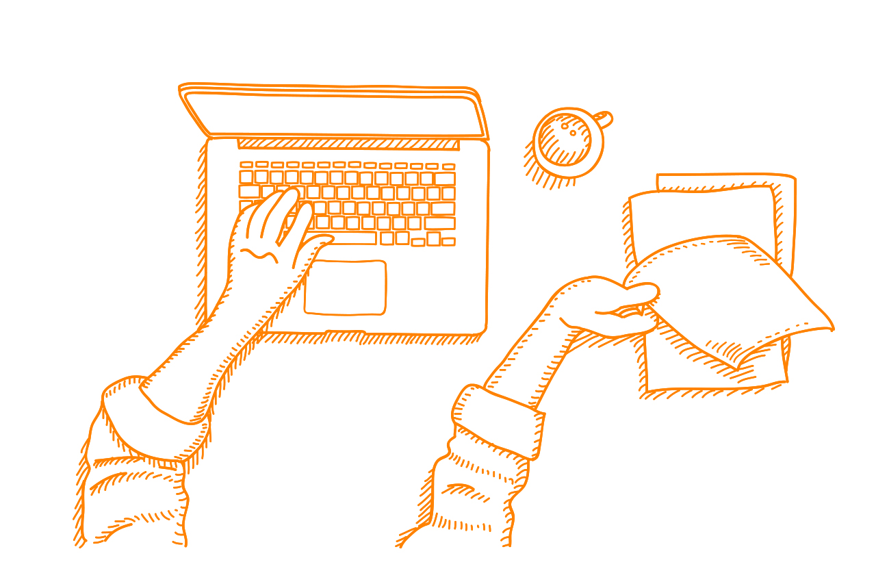 Ilustra&ccedil;&atilde;o em linha de uma pessoa consultando folhas de papel e olhando o computador