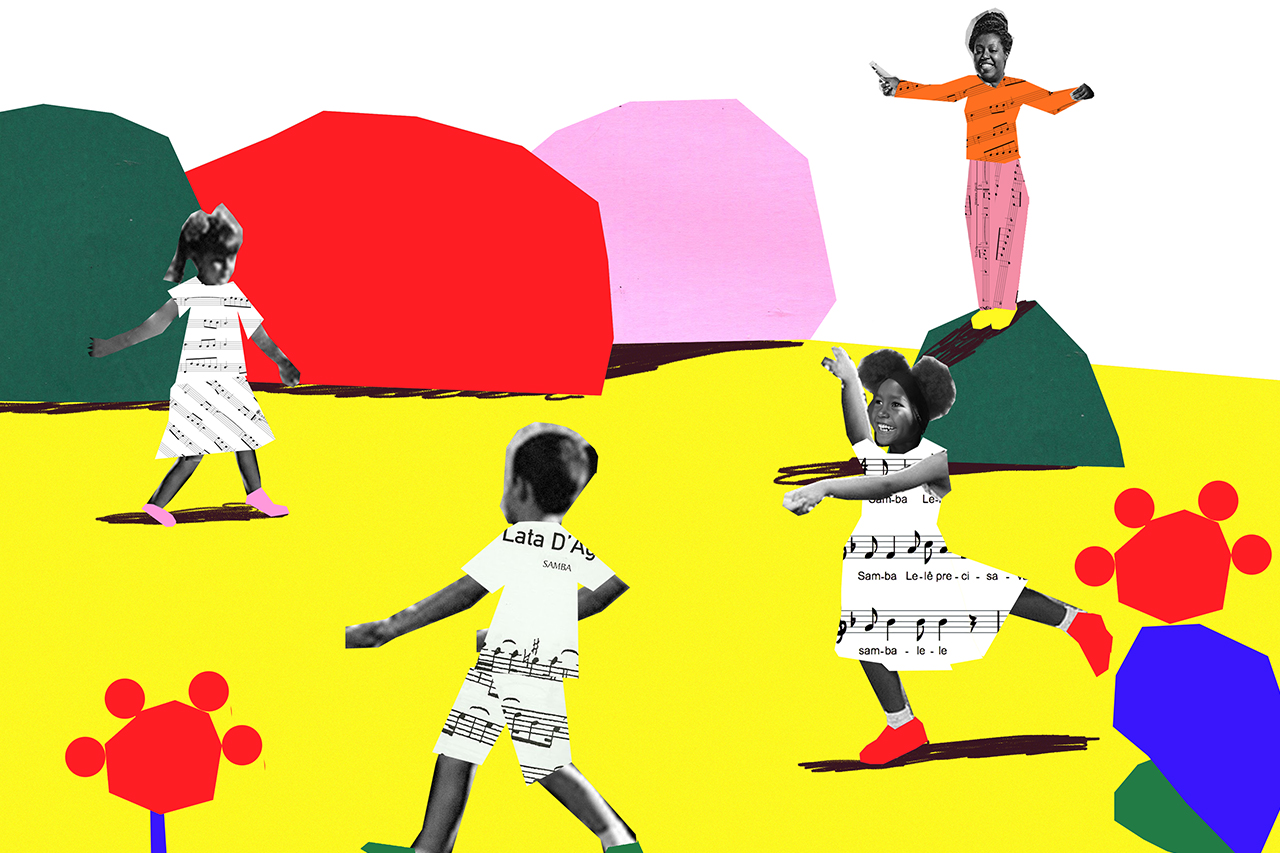 Colagem digital de alunos cantando marchinhas de carnaval.