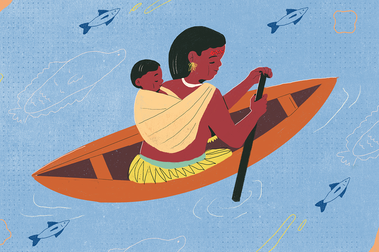 Ilustra&ccedil;&atilde;o de m&atilde;e ind&iacute;gena com seu filho em um barco.