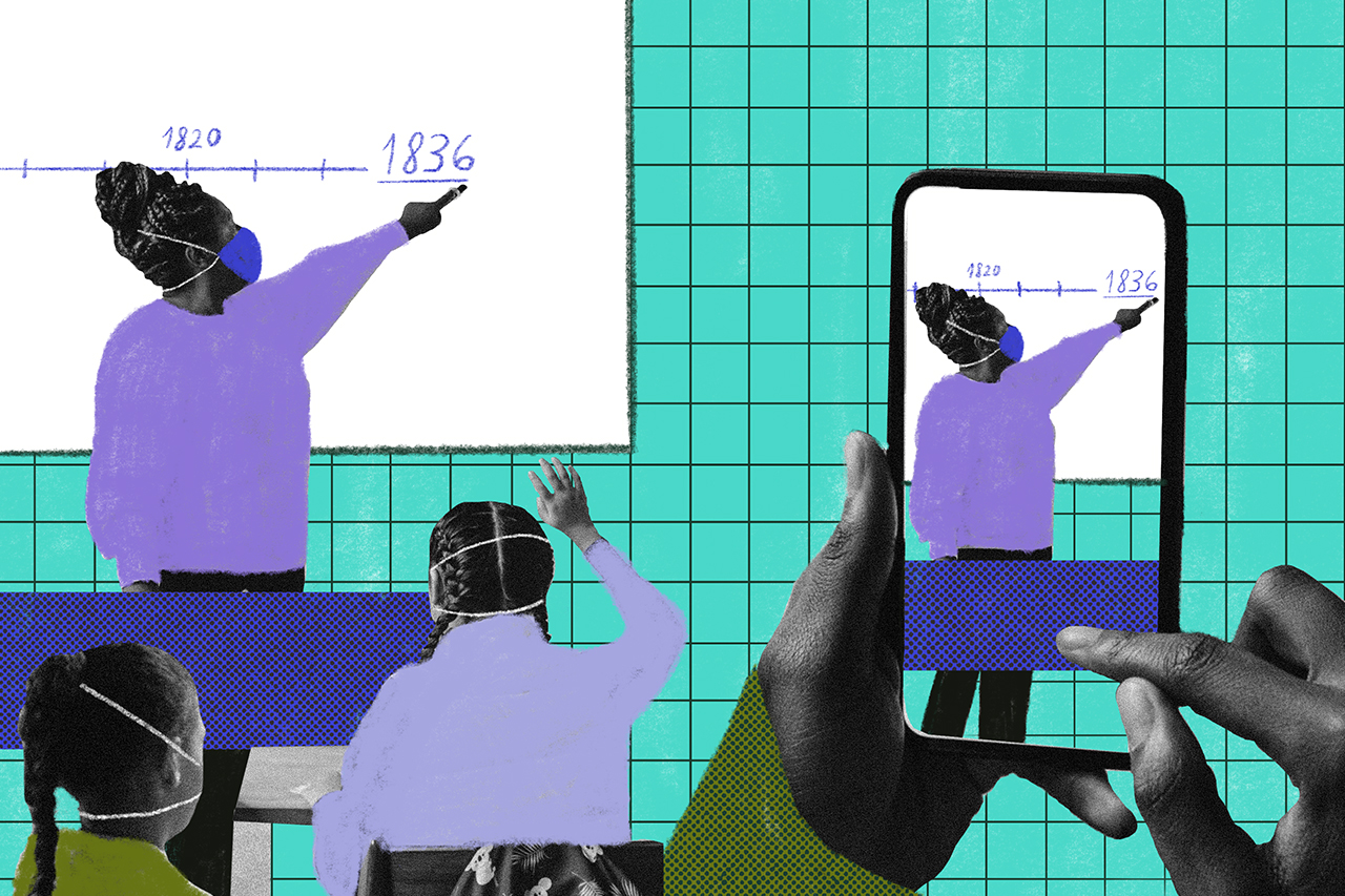 Ilustra&ccedil;&atilde;o feita a partir de colagens de uma professora em sala de aula escrevendo na lousa enquanto um celular a est&aacute; gravando.