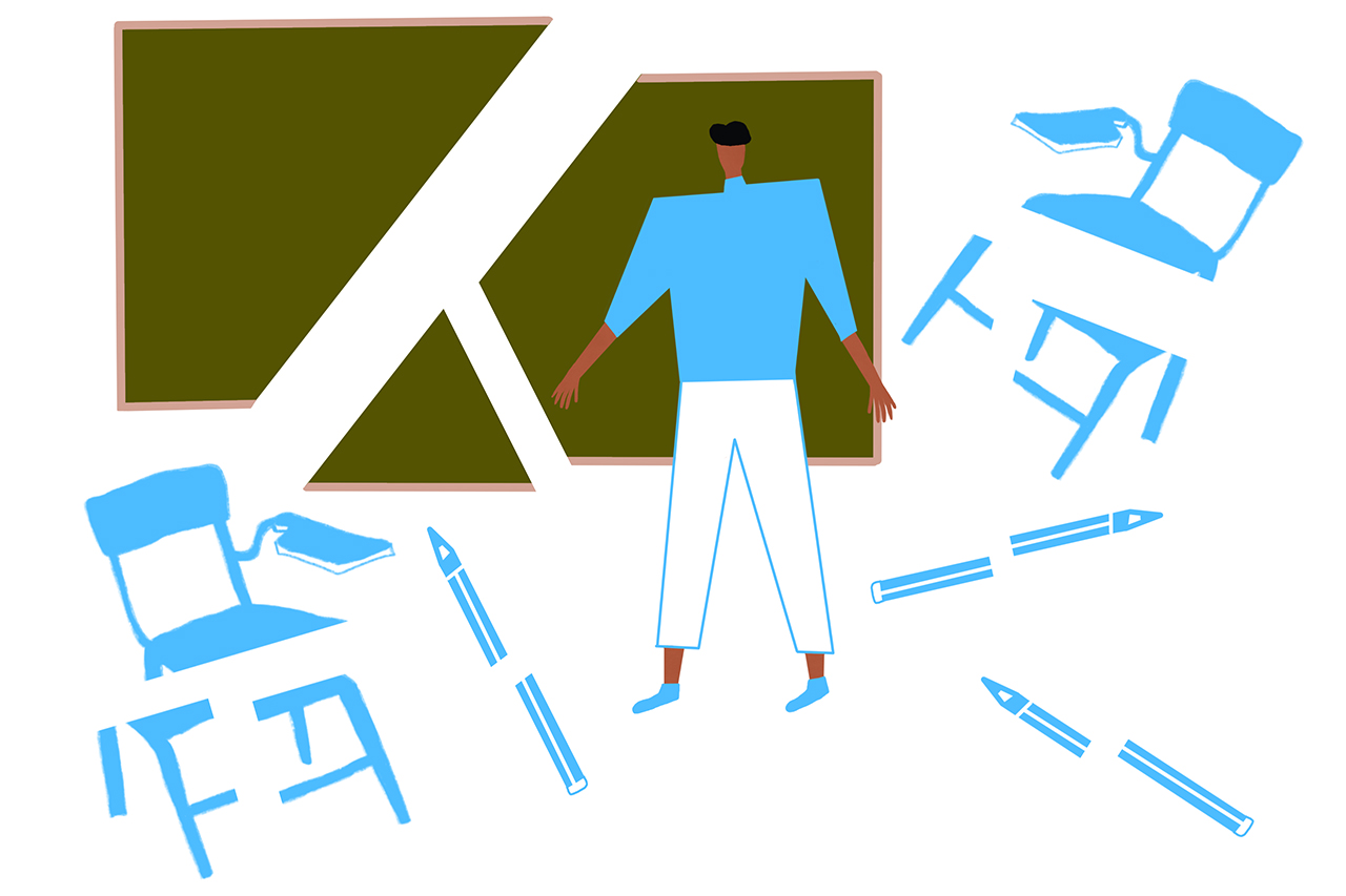 Ilustra&ccedil;&atilde;o abstrata de professor em frente a lousa, com cadeiras flutuando ao redor.