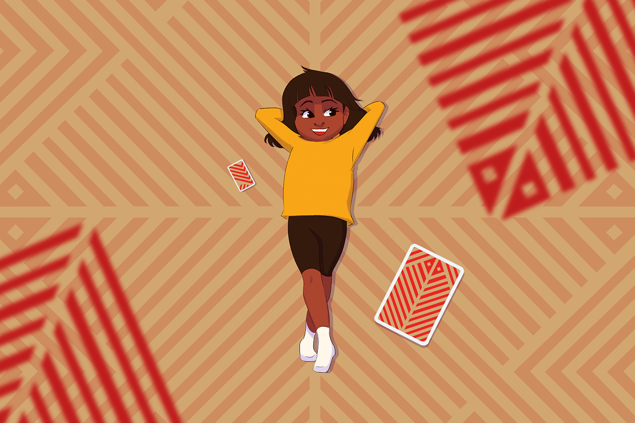 Ilustra&ccedil;&atilde;o de menina deitada no ch&atilde;o com tablet e celular ao lado. Fundo abstrato de padronagens &eacute;tnicas e ind&iacute;genas.