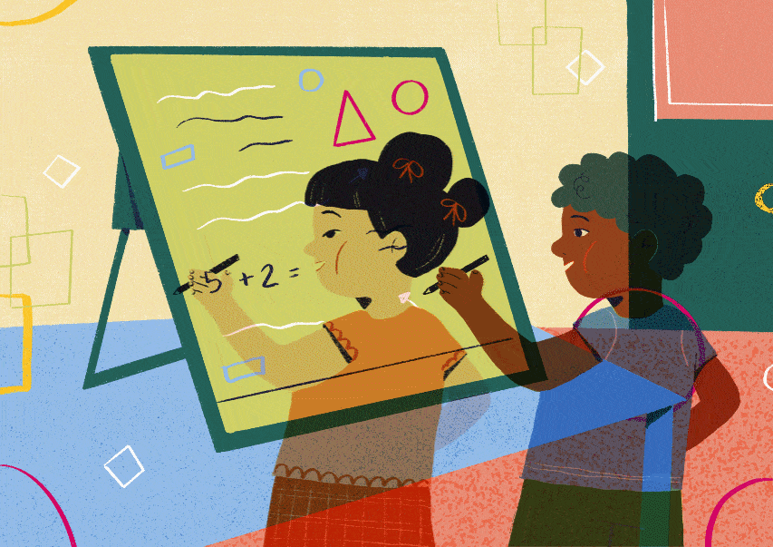 Anima&ccedil;&atilde;o de alunas anotando informa&ccedil;&otilde;es em uma lousa.