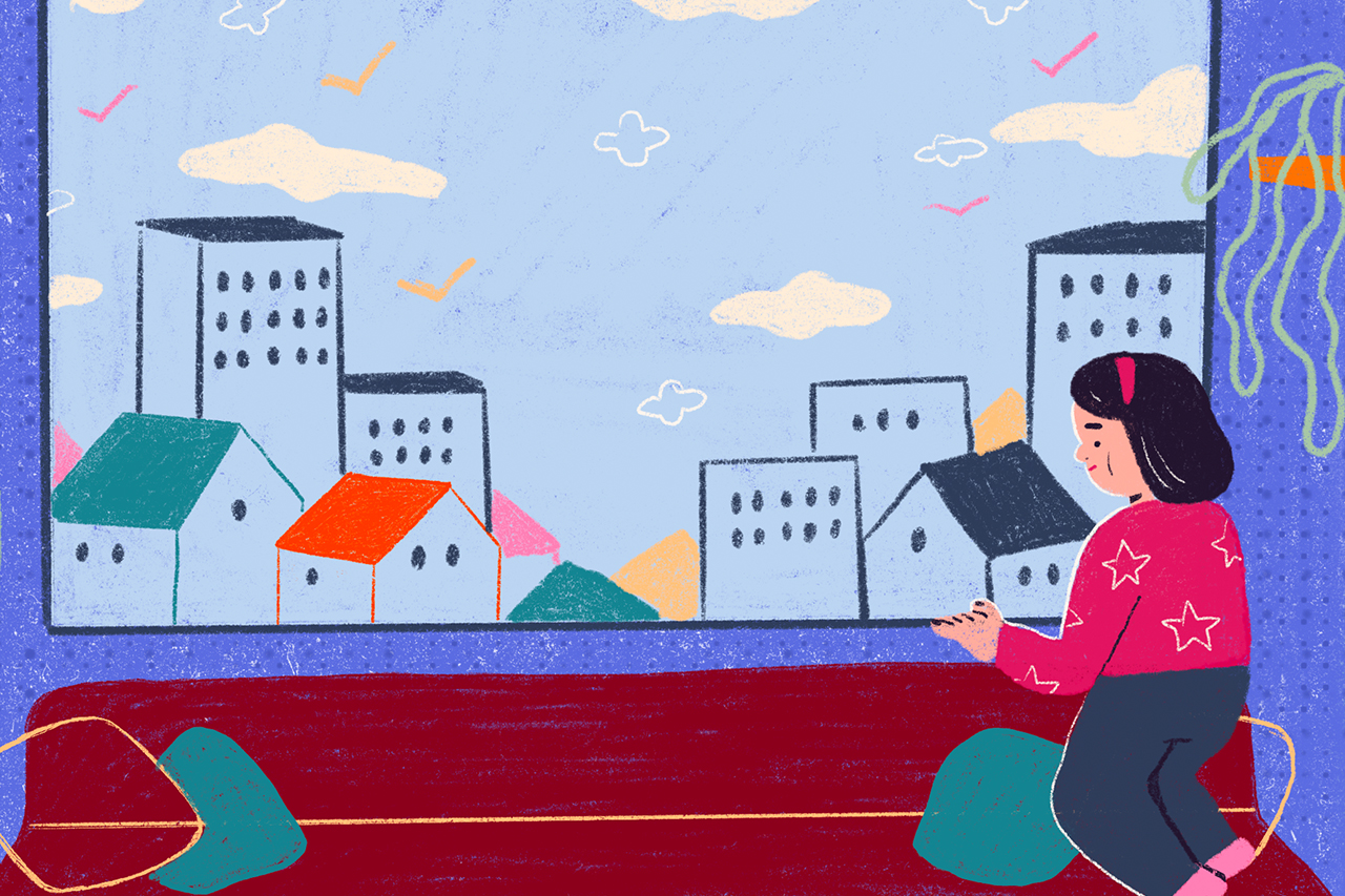Ilustra&ccedil;&atilde;o de menina olhando pela janela, observando a cidade.
