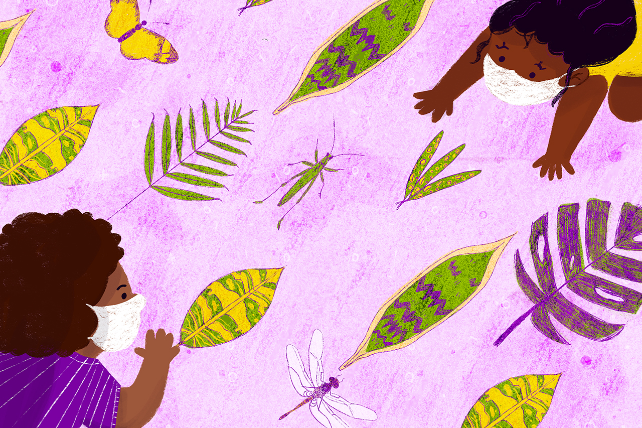 Ilustra&ccedil;&atilde;o de crian&ccedil;as brincando com folhas e insetos.