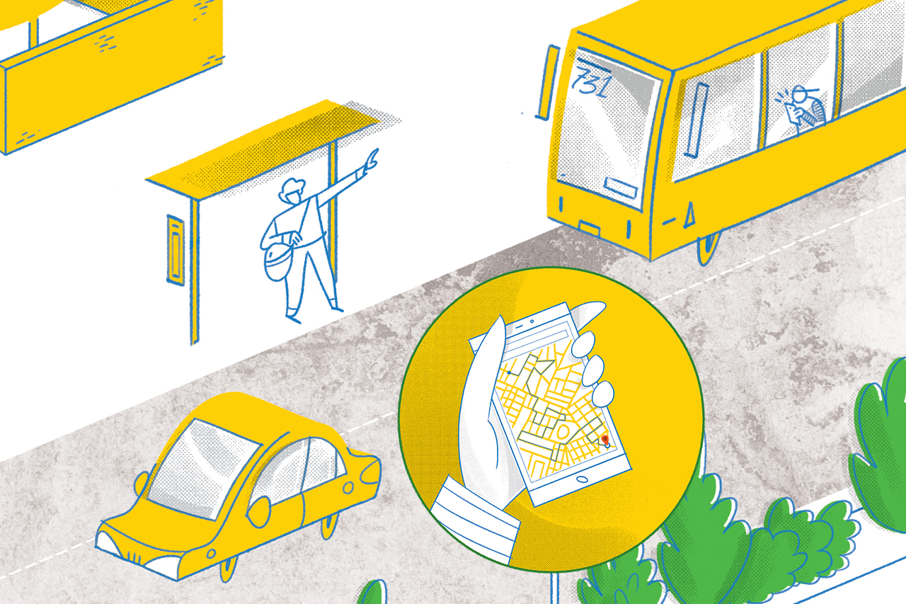 Ilustra&ccedil;&atilde;o de ponto de &ocirc;nibus com personagem dando sinal. No interior do &ocirc;nibus, um menino mexe no celular enquanto &eacute; poss&iacute;vel ver um pop-up mostrando a tela do celular dele com um longo trajeto no mapa marcado.