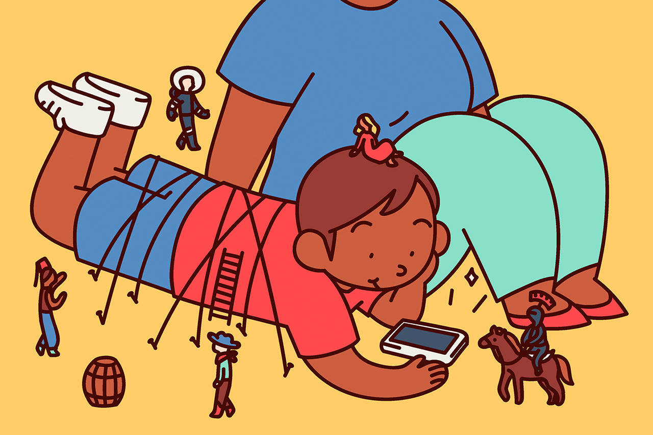 Ilustra&ccedil;&atilde;o de crian&ccedil;a deitada no ch&atilde;o, olhando para o celular enquanto pequenos personagens escalam seu corpo como acontece na hist&oacute;ria do Guliver.