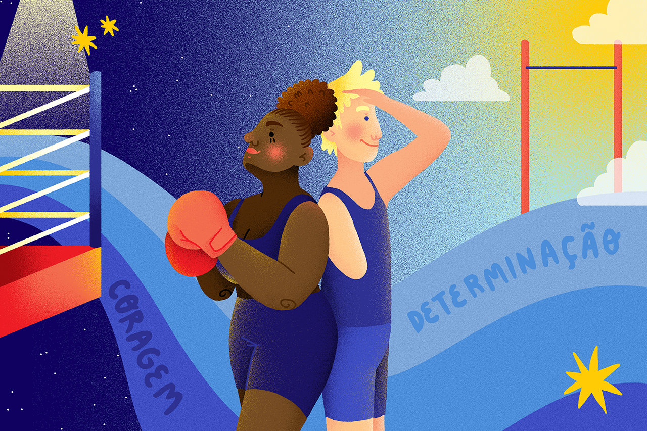 Ilustra&ccedil;&atilde;o abstrata de atletas ol&iacute;mpicos dos esportes boxe e gin&aacute;stica ol&iacute;mpica, com as palavras determina&ccedil;&atilde;o e coragem escritas ao fundo.