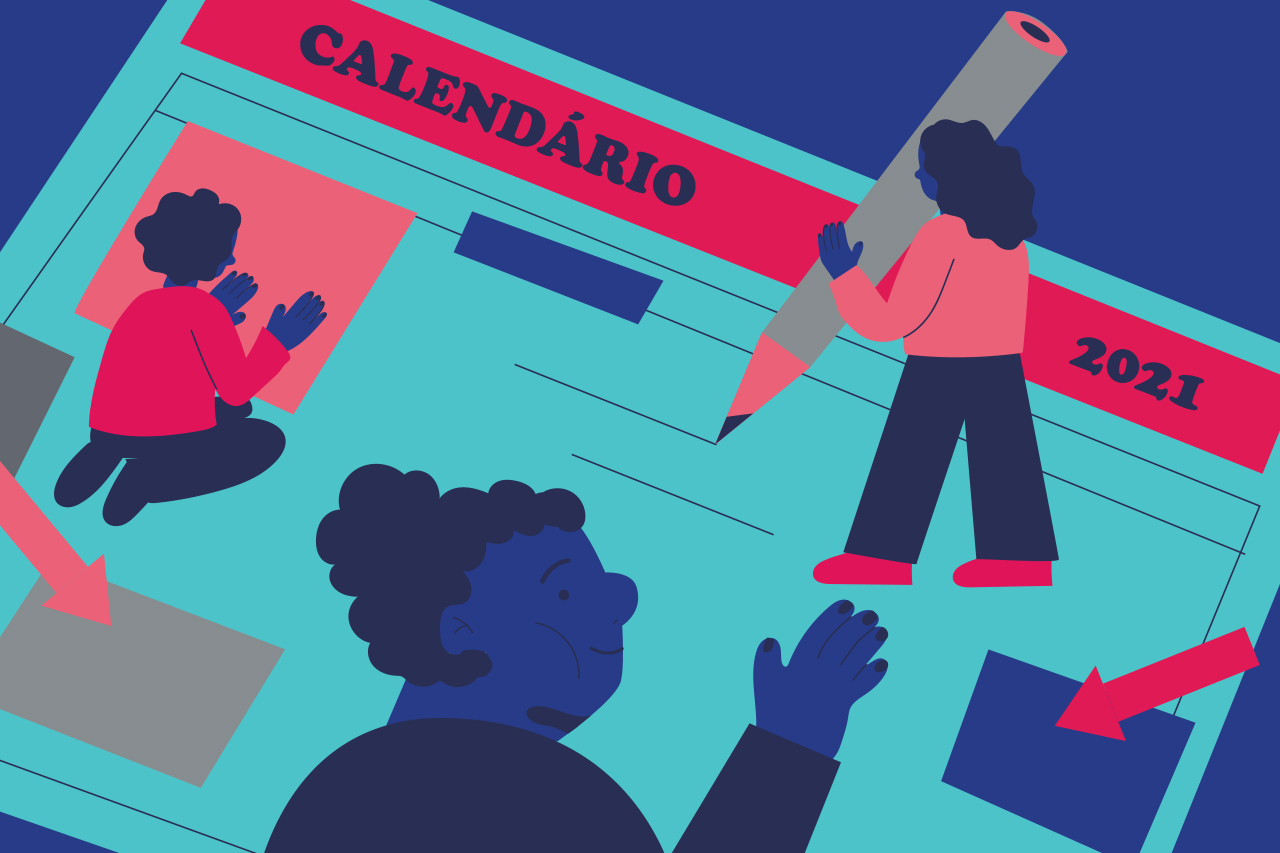 Ilustra&ccedil;&atilde;o abstrata de professores e alunos fazendo anota&ccedil;&otilde;es em calend&aacute;rio gigante
