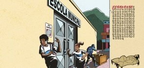 Ilustração de crianças saindo da escola correndo por conta da violência