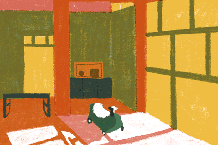 Gif ilustrado de carrinho de crian&ccedil;a ao lado de uma janela mostrando a passagem do tempo atrav&eacute;s da luz do sol.