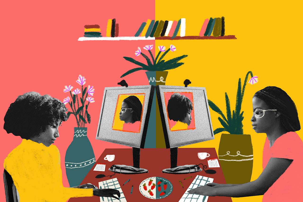 Ilustra&ccedil;&atilde;o feita a partir de colagem digital de aluno e professor em v&iacute;deo chamada. Cena dividida pela metade, onde de uma metade temos a professora e a outra a aluna.