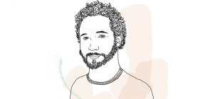 Ilustração apenas com o contorno do desenho do diretor editorial e de conteúdo da revista. Homem entre os 30 e 40 anos, cabelo cacheado, com barba e casaco fechado no pescoço