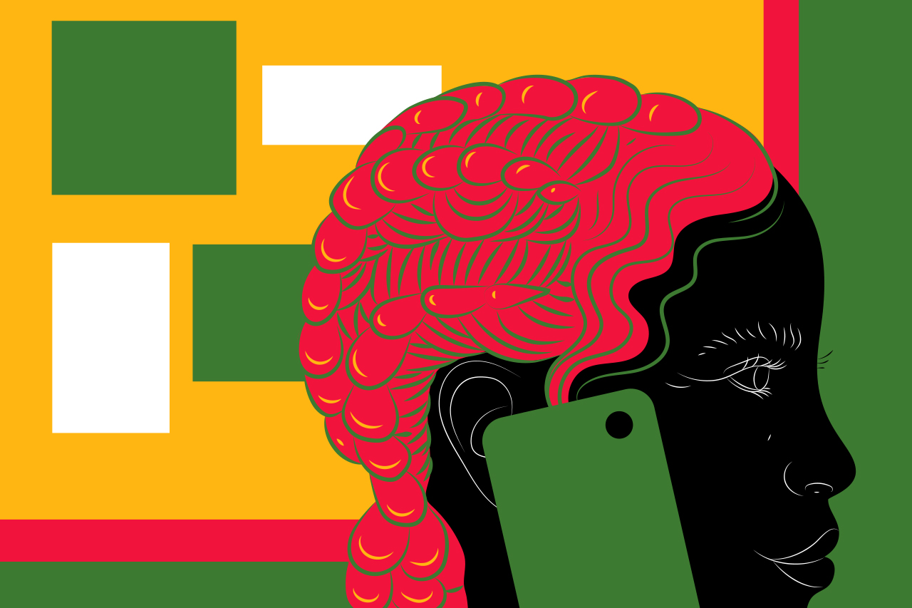 Ilustra&ccedil;&atilde;o abstrata de mulher utilizando o celular. Imagem focada no cabelo com fundos geom&eacute;tricos.