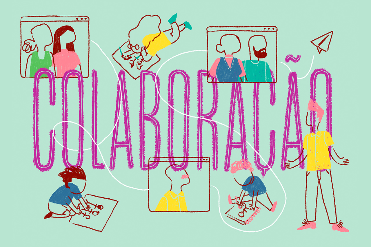 Ilustra&ccedil;&atilde;o abstrata de crian&ccedil;as, familiares e professores interagindo em volta da palavra colabora&ccedil;&atilde;o.