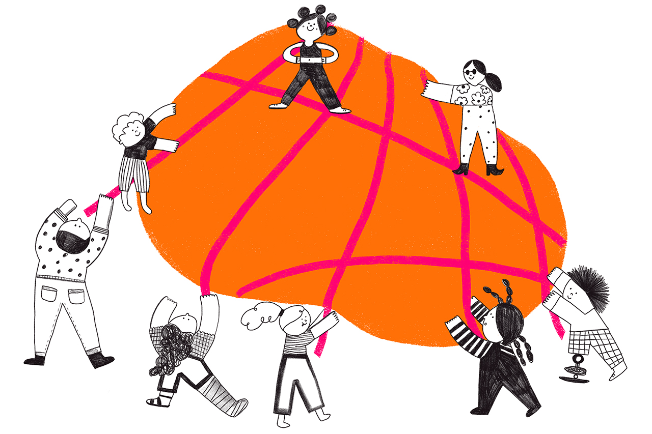 Ilustra&ccedil;&atilde;o abstrata representando o combate a evas&atilde;o e o acolhimento por parte da equipe escolar e de outros alunos.