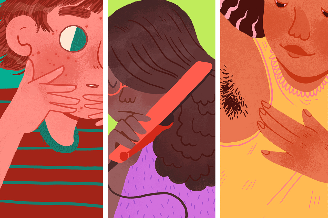 Ilustra&ccedil;&atilde;o de tr&ecirc;s alunos preocupados com suas mudan&ccedil;as corporais relacionadas &agrave; aparecimento, sendo elas: espinhas, cabelo e pelos.