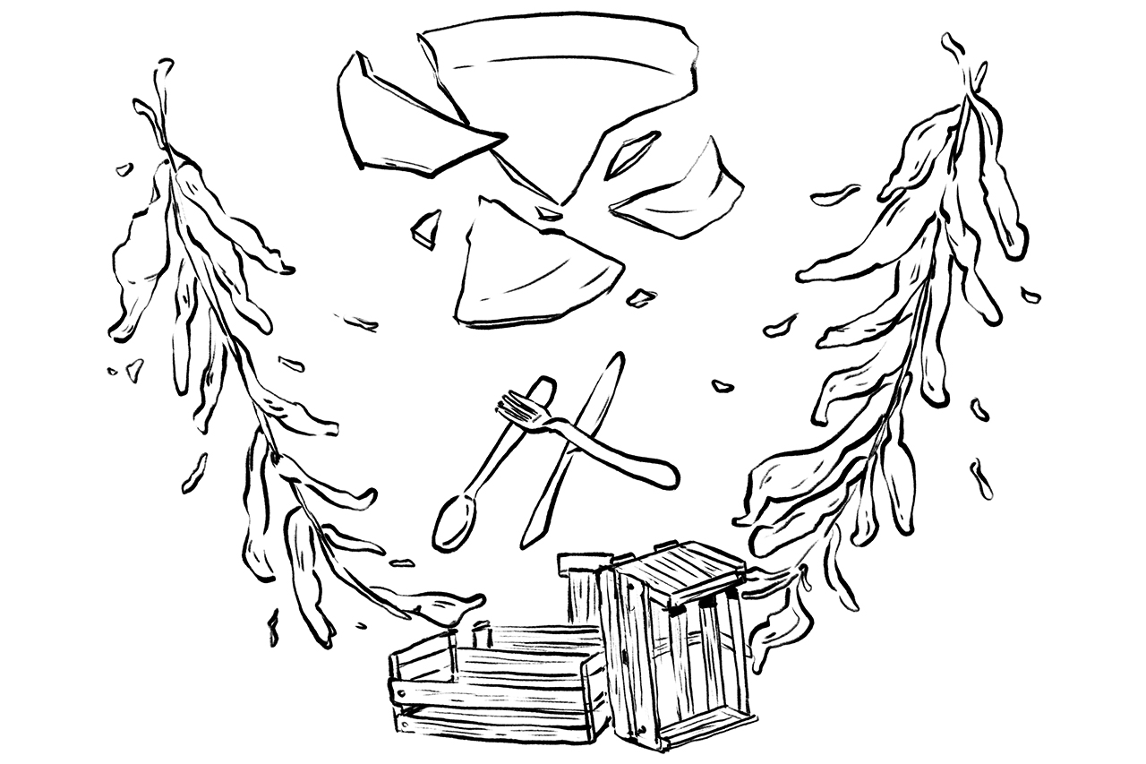 Ilustra&ccedil;&atilde;o de pratos e caixas de frutas quebradas, folhas secas e talheres.