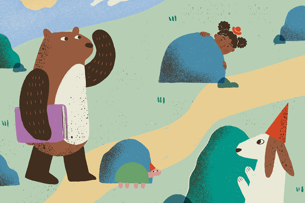 Ilustra&ccedil;&atilde;o abstrata de menina brincando de esconde-esconde com urso, cachorro e tartaruga.