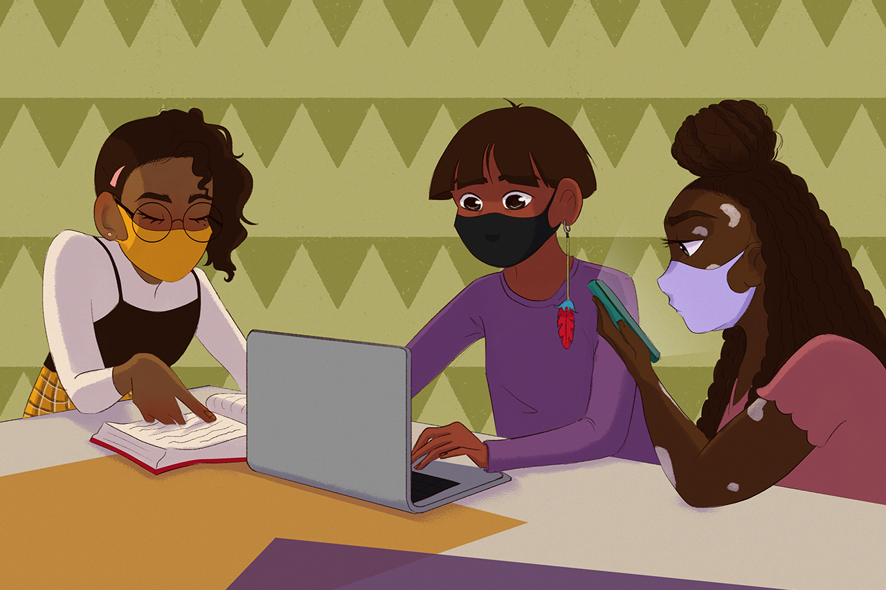 Ilustra&ccedil;&atilde;o de alunos estudando com notebooks, livros e cadernos sobre mesa.