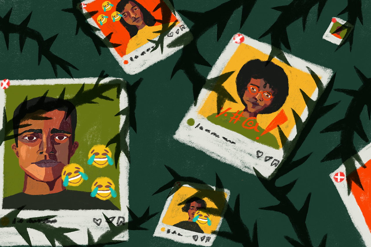 Ilustra&ccedil;&atilde;o abstrata de fotografias de instagram com emojis que mostram desrespeito aos usu&aacute;rios.