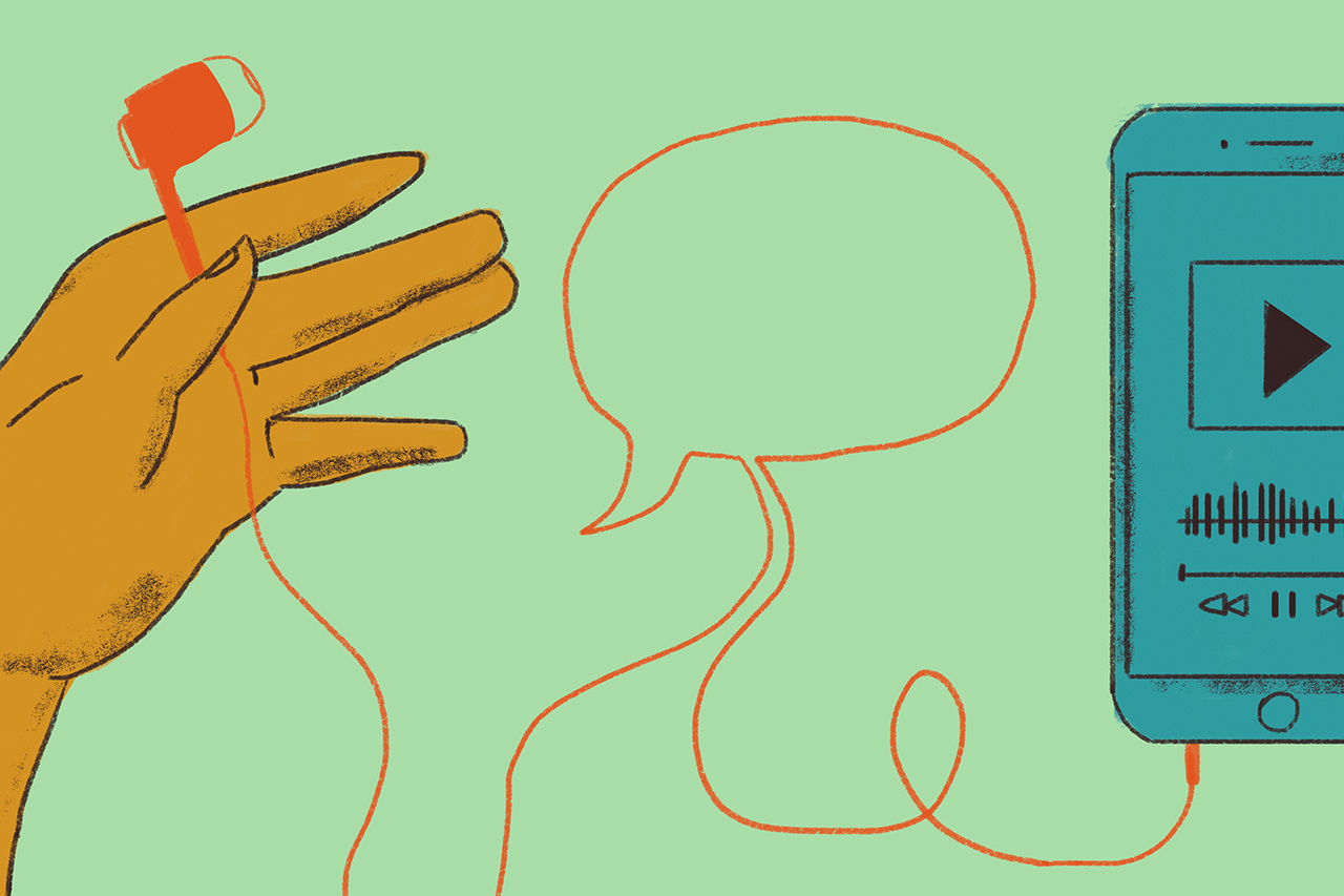 Ilustra&ccedil;&atilde;o de uma m&atilde;o segurando um fone de ouvido. Ao lado &eacute; poss&iacute;vel ver um celular sobre a mesa com s&iacute;mbolo de reproduzir de uma plataforma de streaming musical