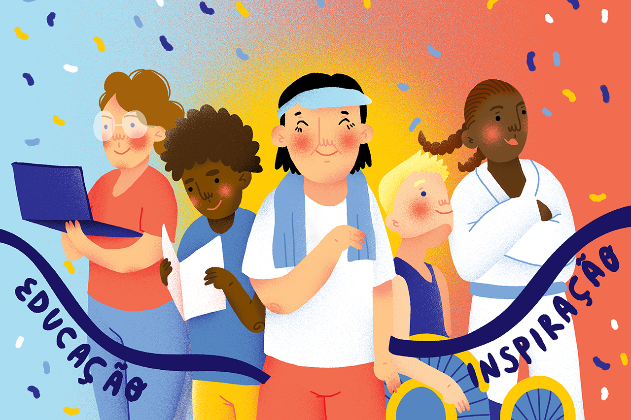 Ilustra&ccedil;&atilde;o abstrata de atletas ol&iacute;mpicos, estudantes e professores, com as palavras educa&ccedil;&atilde;o e inspira&ccedil;&atilde;o escritas ao fundo.