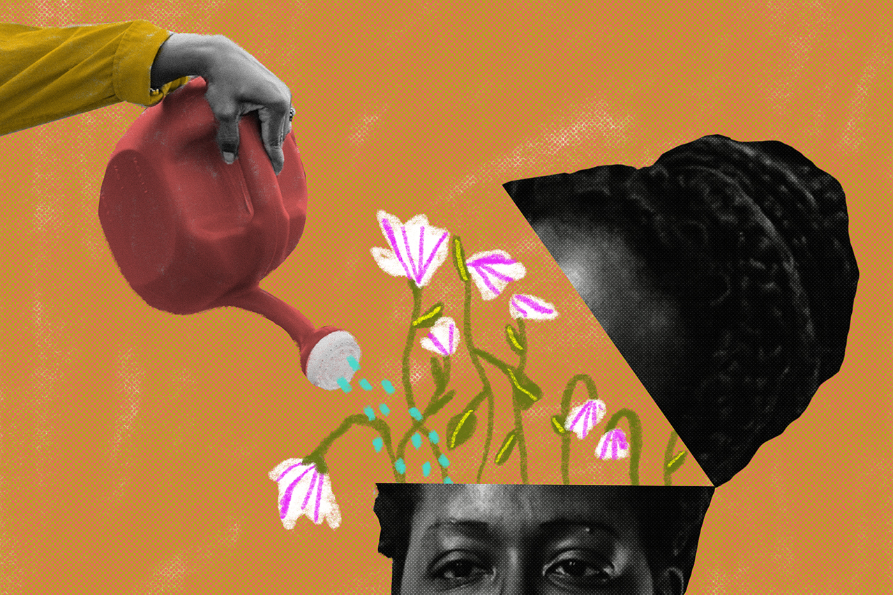 Ilustra&ccedil;&atilde;o criada a partir de colagem digital de professora regando flores que saem de sua cabe&ccedil;a.