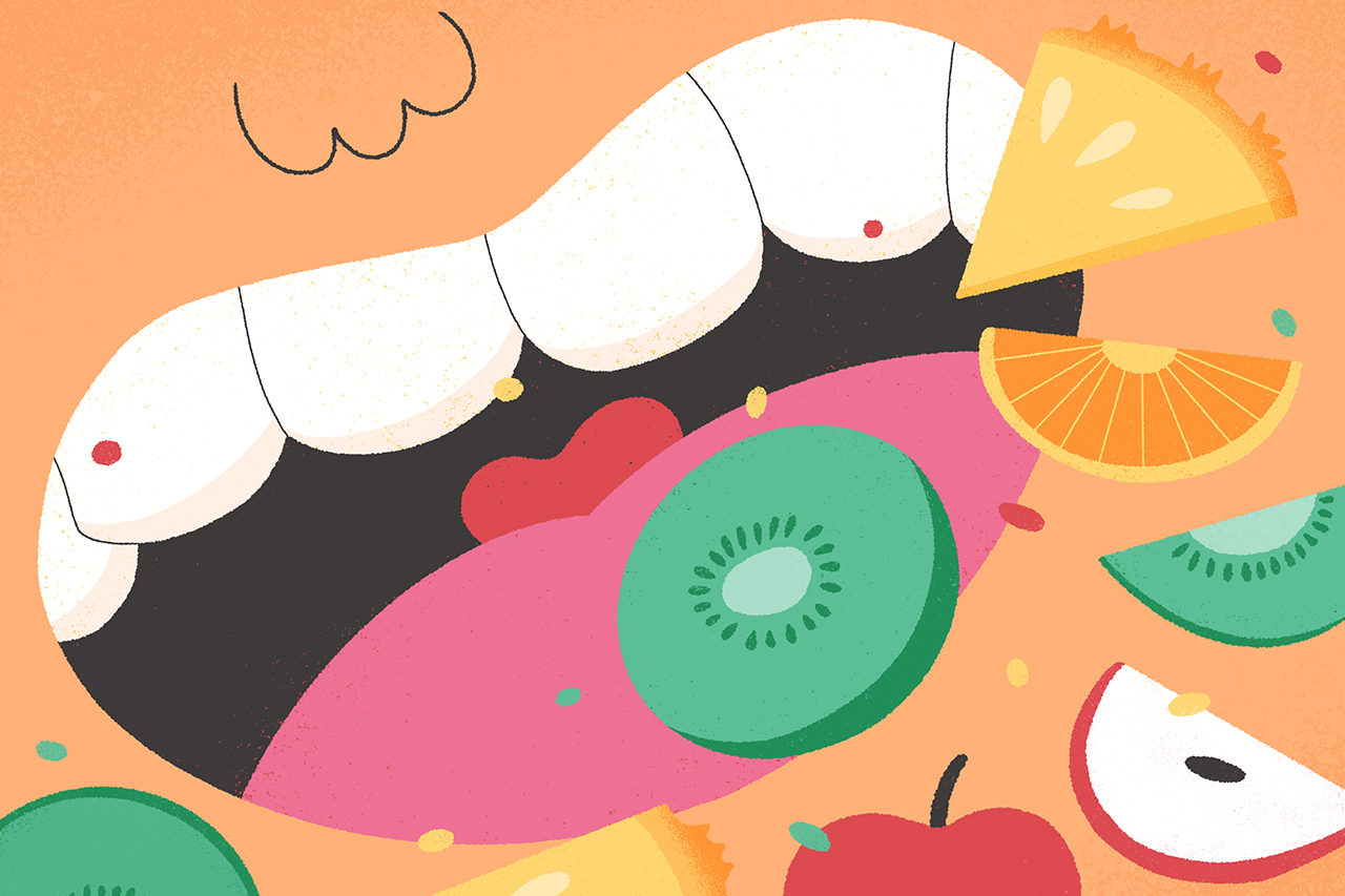 Ilustra&ccedil;&atilde;o de crian&ccedil;a comendo frutas para representar o paladar, um dos 5 sentidos.