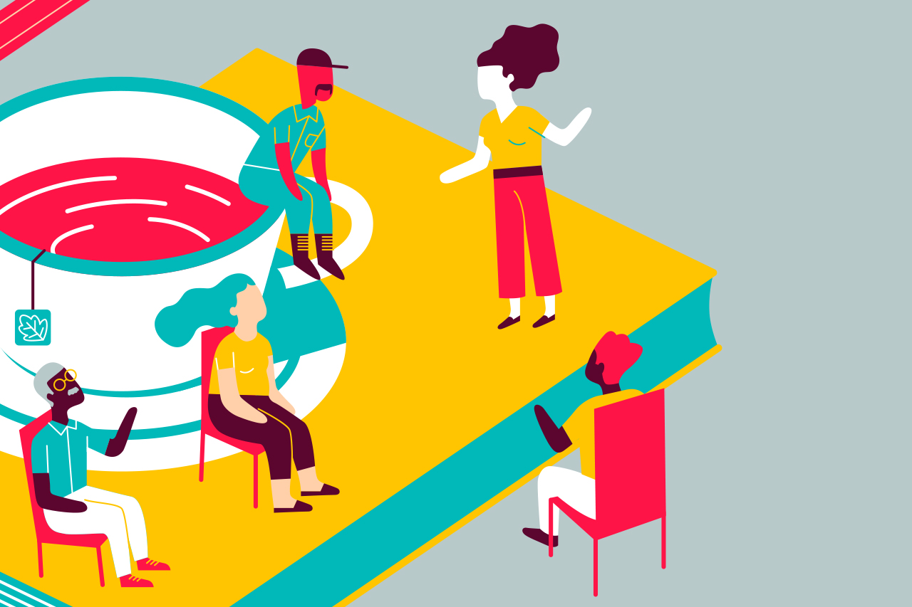 Ilustra&ccedil;&atilde;o de uma reuni&atilde;o pedag&oacute;gica acontecendo sobre ambiente abstrato.