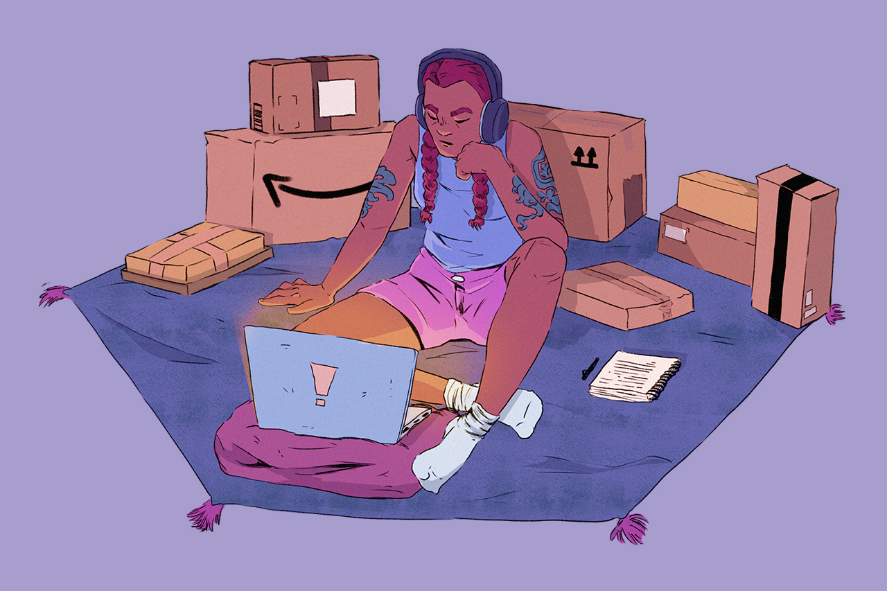 Ilustra&ccedil;&atilde;o de menina em frente a um notebook, com caixas de delivery e entregas online ao fundo.