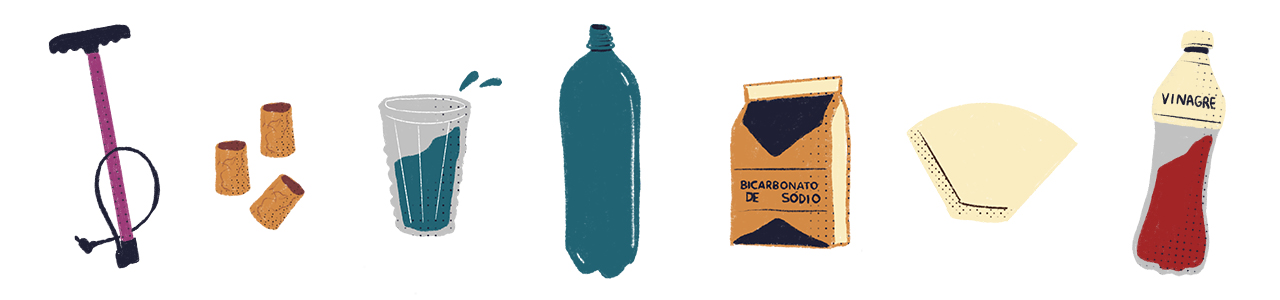 Ilustração de objetos usados na atividade 02 de EF2: garrafas pet, rolhas, bomba, vinagre, bicarbonato, água e filtro de papel.