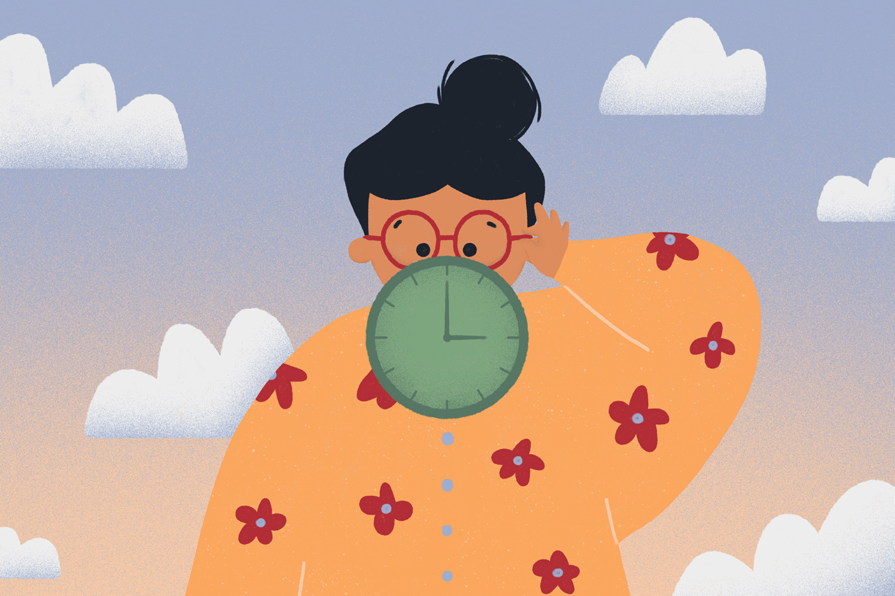 Ilustra&ccedil;&atilde;o de personagem com rel&oacute;gio em m&atilde;os sobre fundo de nuvens.