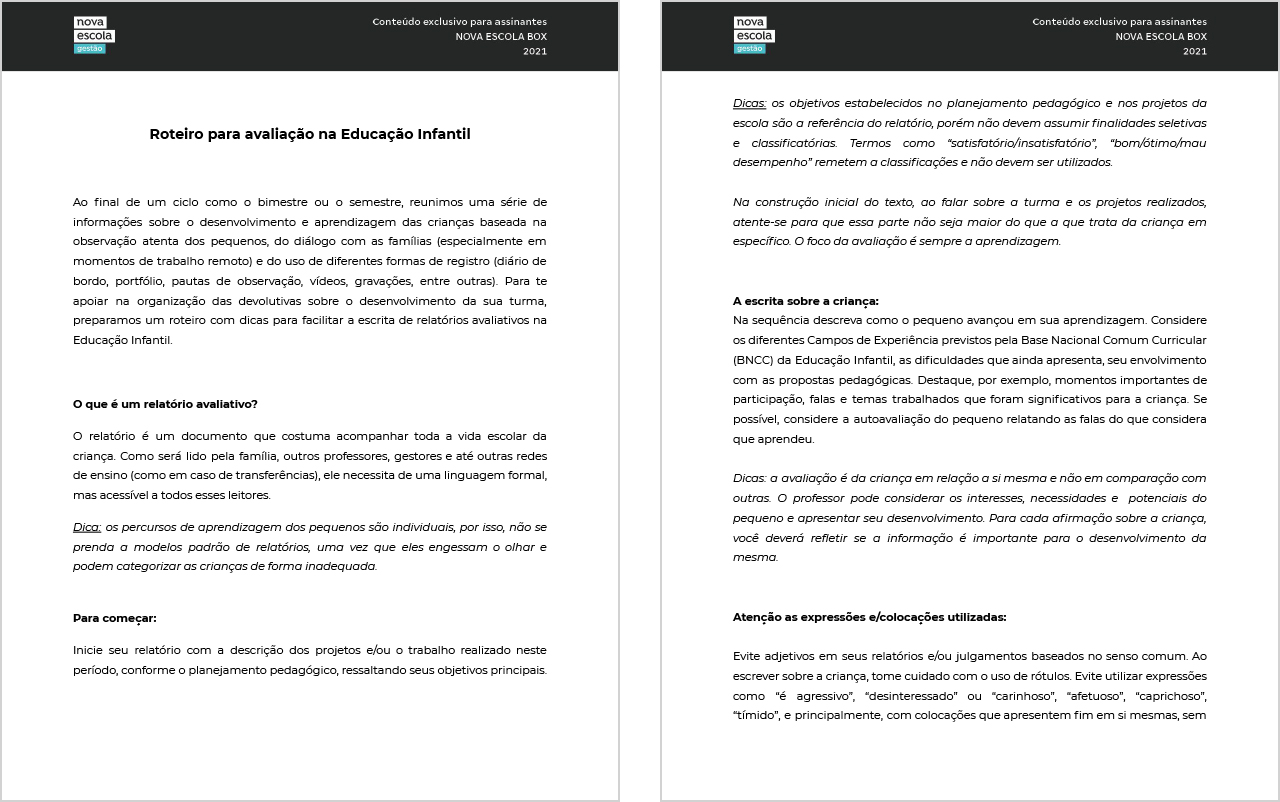 P&aacute;ginas 1 e 2 do relat&oacute;rio para avalia&ccedil;&atilde;o na educa&ccedil;&atilde;o infantil.