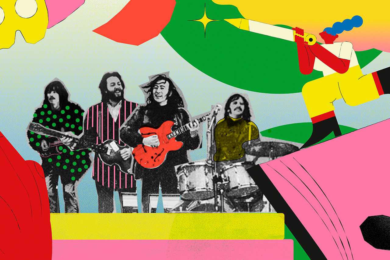 Colagem fotogr&aacute;fica do grupo musical The Beatles sobre fundo ilustrado abstrato.