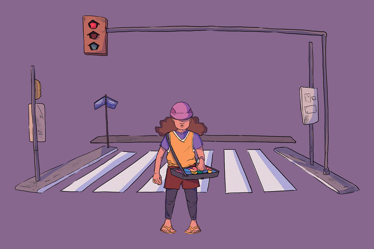 Ilustra&ccedil;&atilde;o de crian&ccedil;a em frente a um sem&aacute;foro, vendendo balas.