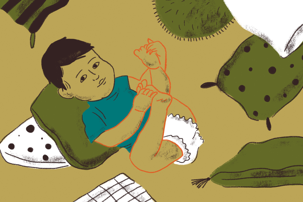 Ilustra&ccedil;&atilde;o de beb&ecirc; sobre tapetes, almofadas e colchonete.