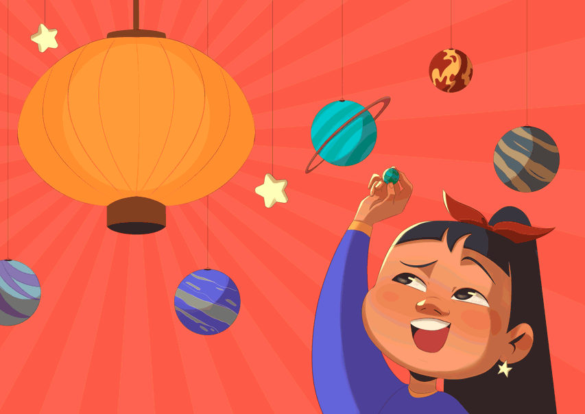 Anima&ccedil;&atilde;o ilustrada de aluna fazendo experimentos com modelo do sistema solar.