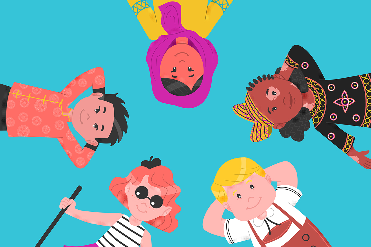 Ilustra&ccedil;&atilde;o de crian&ccedil;as de diversas nacionalidades, g&ecirc;neros e condi&ccedil;&otilde;es f&iacute;sicas e sociais.