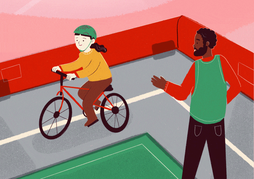 Ilustra&ccedil;&atilde;o animada de atividade de educa&ccedil;&atilde;o para o tr&acirc;nsito: circuito com ruas e tr&aacute;fego de bicicletas.